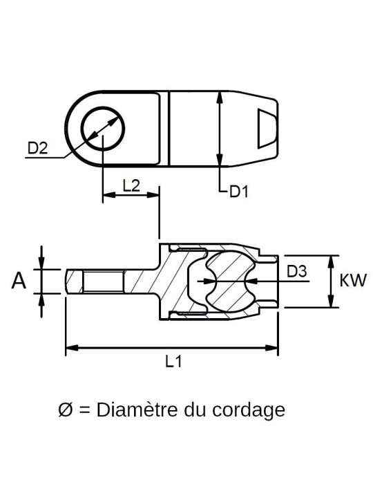 Stainless steel eye for Dyneema rope rigging