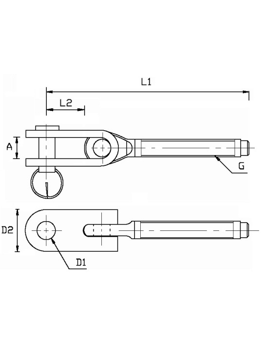 Chape articulée filetée UNF gauche pour ridoirs de câbles sertis inox